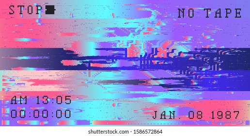 Glitch camera effect. Retro VHS background like in old 90s video tape rewind or no signal TV screen. Vaporwave/ retrowave/ synthwave style vector illustration.