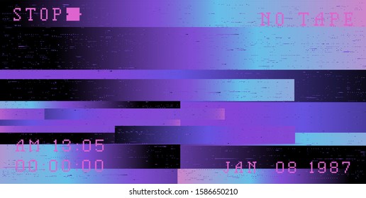 Glitch camera effect. Retro VHS background like in old 90s video tape rewind or no signal TV screen. Vaporwave/ retrowave/ synthwave style vector illustration.