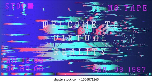 Glitch camera effect. Retro VHS background like in old 90s video tape rewind or no signal TV screen. Vaporwave/ retrowave/ synthwave style vector illustration.