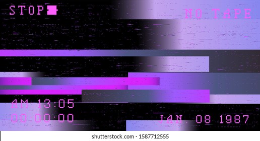 Glitch camera effect. Retro VHS background like in old 90s video tape rewind or no signal TV screen. Vaporwave/ retrowave/ synthwave style vector illustration.