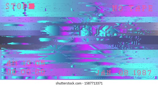 Glitch camera effect. Retro VHS background like in old 90s video tape rewind or no signal TV screen. Vaporwave/ retrowave/ synthwave style vector illustration.