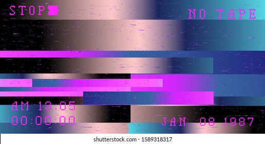 Glitch camera effect. Retro VHS background like in old 90s video tape rewind or no signal TV screen. Vaporwave/ retrowave/ synthwave style vector illustration.