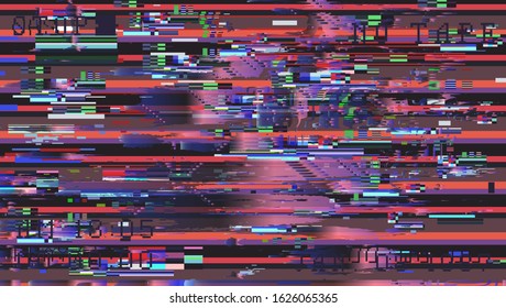 Glitch camera effect. Retro VHS background like in old video tape rewind or no signal TV screen. Vaporwave/ retrowave style vector illustration.