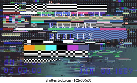 Glitch camera effect. Retro VHS background like in old video tape rewind or no signal TV screen. Vaporwave/ retrowave style vector illustration.