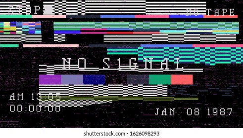 Glitch camera effect. Retro VHS background like in old video tape rewind or no signal TV screen. Vaporwave/ retrowave style vector illustration.