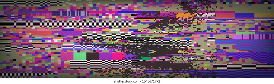 Efecto de la cámara Glitch. Fondo VHS retro como en cinta de vídeo antigua rebobinar o sin pantalla de TV de señal. Ilustración vectorial de estilo vaporwave/retrowave.