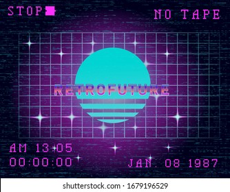 Glitch camera effect. Retro VHS background like in old video tape. Vaporwave and retrowave style vector illustration.