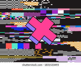 Glitch camera effect. Retro VHS background like in old video tape rewind or no signal TV screen. Vaporwave and retrowave style vector illustration.