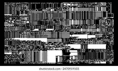 Glitch CCTV Monitor Digital Pixel Lines Black and White Background. Abstract Noise Effect. Video Damage Error. Digital Signal Damage Visualization. VHS Overlay Texture. Vector Illustration.