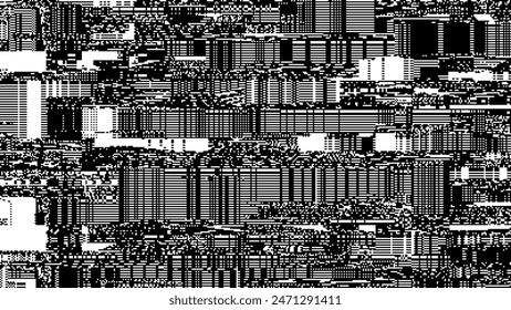 Glitch CCTV Monitor Digital Pixel Lines Black and White Background. Abstract Noise Effect. Video Damage Error. Digital Signal Damage Visualization. VHS Overlay Texture. Vector Illustration.
