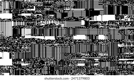 Glitch CCTV Monitor Digital Pixel Lines Black and White Background. Abstract Noise Effect. Video Damage Error. Digital Signal Damage Visualization. VHS Overlay Texture. Vector Illustration.