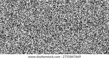 Glitch checkered pixels analog TV pattern. Pixelated glitchy 90s background. Screen noise texture, no video signal concept. Black and white color