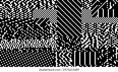 Glitch Checkered Pixels Pattern. Pixel Art Chaotic Glitchy Background. 90s CCTV VHS Screen Vibe. Vector Illustration. 