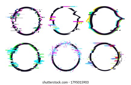 Glitch circle frame effect, circle glitch collection modern, digital tv geometric form and shape. Vector illustration