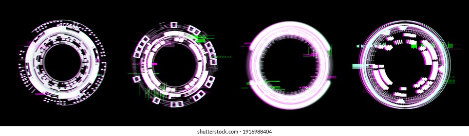 Glitch Circle Frames In HUD. Digital Frames With Neon Light Effect And Effect Decay. Futuristic Circle Template With Pixel Noise. Glitch HUD Glowing Circles Of Computer Or Television Pixels Noise