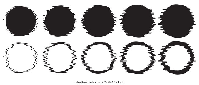 Glitch circle frames set. Round circular banners, labels and badges vector collection.