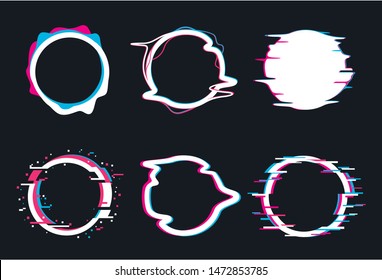 Glitch circle set, futuristic decoration with distortion. Dynamic damage, disturbance or malfunction. Vector glitch round framesillustration on black background