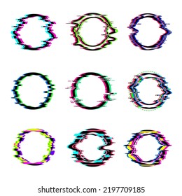 Glitch circles. Marcos digitales parpadeantes redondos de visualización dinámica de señales de televisión rota anillos de visualización de señales de píxeles vectoriales recientes