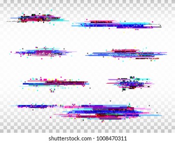 Glitch color elements set. Digital noise abstract design. Color pixel glitch. Modern bug effect. Noise texture. Vector illustration.