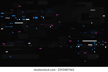 Glitch color pixels. Modern distorted texture with random lines and dots. Game background template with noise. Damaged video effect for brochure or poster. Vector illustration.