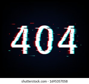 Glitch concept 404 error page not found. Neon lost network site for social madia, web, app, card. Vector Illustration