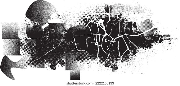 Glitch cracked grungy isolated banner . Design element for brochure, social media, posters, flyers. Overlay texture.Textured banner with Distress effect .Vector halftone dots . Screen print texture