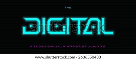 Glitch cyber alphabet, neon digital font, futuristic matrix typeface for tech firewall logo headline, hacker phishing news typography, AI terminal display, encrypted typographic style. Vector typeset