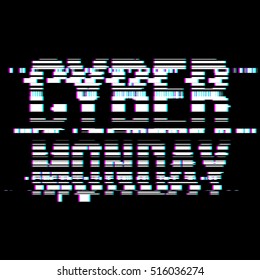 Glitch Cyber Monday abstract typography, distortion effect, bug, error, random horizontal white, monochrome lines for design concepts, posters, wallpapers, presentations, prints. Vector illustration.