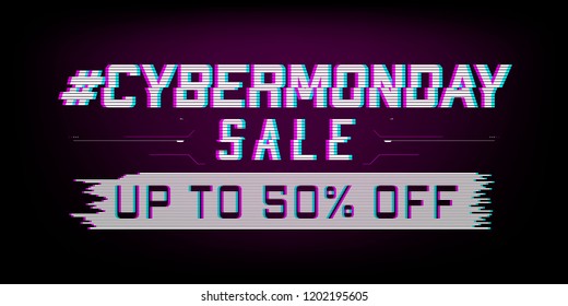 Glitch Cyber Monday sale web banner. Design for website. Vector illustration