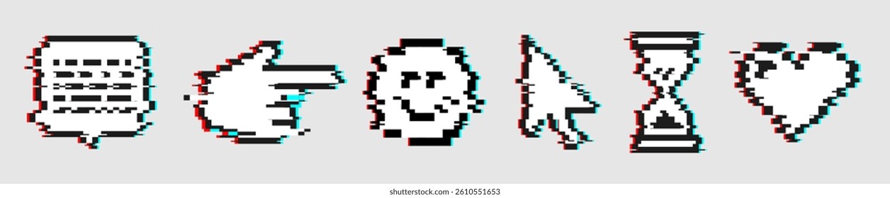 Glitch cyber pixel emoji. Y2k Pixel Heart, Cursor, hourglass, Smile Stickers for collage. Emoticon symbol isolated for retro futuristic interface. Vector retro distorted Acid illustration on black
