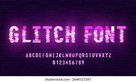GLITCH Cyber Pixel Noise RGB Glitch Type Font. Alphabet Letters Isolated on Black Background. Distorted Glitched Pixels Effect Letters and Digits. Cyberpunk Style Error Font Vector Illustration.