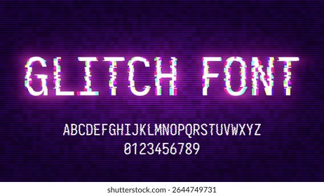 GLITCH Cyber Pixel Noise RGB Glitch Type Font. Alphabet Letters Isolated on Black Background. Distorted Glitched Pixels Effect Letters and Digits. Cyberpunk Style Error Font Vector Illustration.