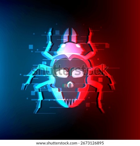 Glitch cyber skull bug symbolizing computer virus, malware, hacking threat. Futuristic neon design perfect for cybersecurity, digital danger, dark web concepts