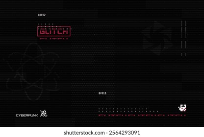 Glitch cyberpunk. Future technology composition. Cyberspace minimal design. Abstract sci-fi concept. Computer banner template. Digital data system. Geometric elements. Vector illustration.