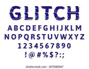 Glitch damage alphabet. Error pixel noise abs font, technical glitch problems letters and numbers. Damaged effect font vector illustration set. Glitch noise, font alphabet distortion