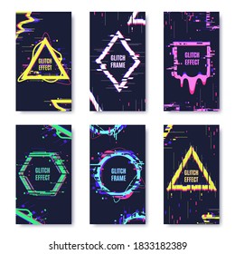 Glitch damage cards. Noise defect distortion frame posters, abstract no signal dynamic elements frames isolated vector illustration set. Geometric shapes or figure borders with light bug effect