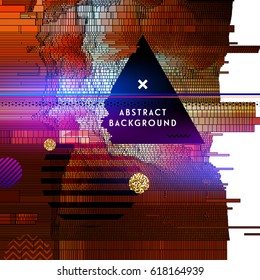 Glitch dunkler abstrakter Vektorhintergrund. Moderne Chaos-Illustration mit Datenkonzeptionselementen. Digitaler Signalfehlerstil mit Emblem, Mustern und goldenen Glittern. Poster mit Platz für Text.