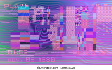 Glitch datamoshing camera effect. Retro VHS background like in old video tape rewind or no signal TV screen. Vaporwave and retrowave style vector illustration.