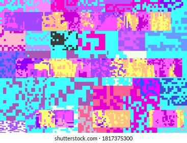 Glitch datamoshing camera effect. Retro VHS pink background like in old video tape rewind or no signal TV screen. Vaporwave and retrowave style vector illustration.