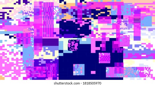 Glitch datamoshing camera effect. Retro VHS pink background like in old video tape rewind or no signal TV screen. Vaporwave and retrowave style vector illustration.