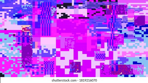 Glitch datamoshing camera effect. Retro VHS pink background like in old video tape rewind or no signal TV screen. Vaporwave and retrowave style vector illustration.