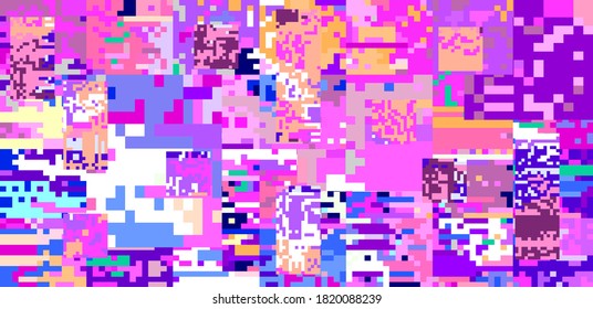 Glitch datamoshing camera effect. Retro VHS pink background like in old video tape rewind or no signal TV screen. Vaporwave and retrowave style vector illustration.