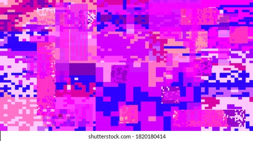 Glitch datamoshing camera effect. Retro VHS pink background like in old video tape rewind or no signal TV screen. Vaporwave and retrowave style vector illustration.