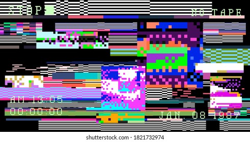 Glitch datamoshing camera effect. Retro VHS pink background like in old video tape rewind or no signal TV screen. Vaporwave and retrowave style vector illustration.