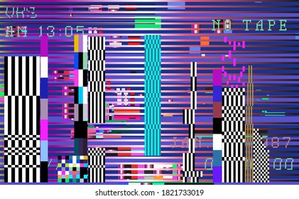 Glitch datamoshing camera effect. Retro VHS pink background like in old video tape rewind or no signal TV screen. Vaporwave and retrowave style vector illustration.