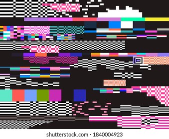 Glitch datamoshing camera effect. Retro VHS background like in old video tape rewind or no signal TV screen. Vaporwave style vector illustration.