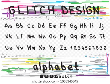 Glitch design alphabet letter set template. Colorful distortion multicolor glitched design text font. Striped random lines technology symbol collection