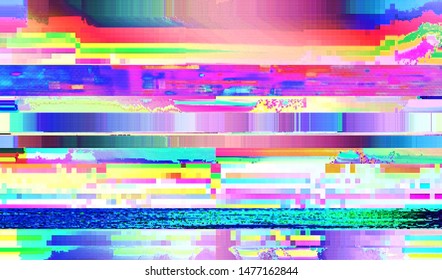 Glitch digital color pixel noise. VHS corrupted signal. Background of the damaged error television image. Vector illustration.