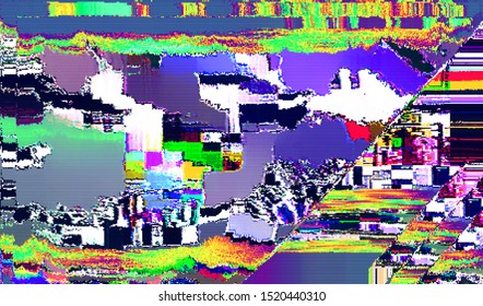 Glitch digital color pixel noise. VHS corrupted signal. Background of the damaged error television image. Vector illustration.