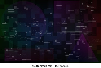 Glitch digital distortions. Video no signal template with random horizontal lines. Television problem. Computer noise effect and geometric shapes. Abstract data elements. Vector illustration.